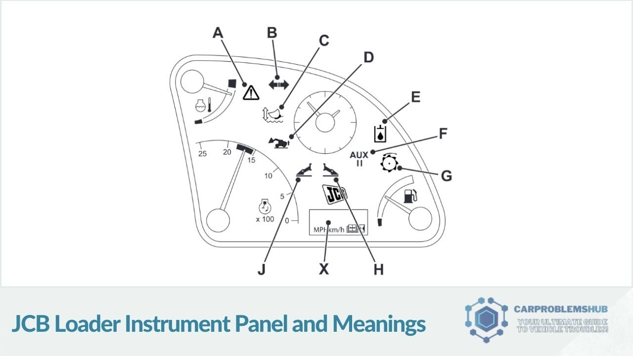 Detailed explanations of the gauges and indicators found on a JCB loader's instrument panel.